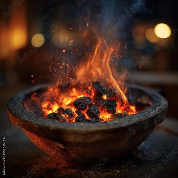 Fototapeta Rustic Clay Brazier with Burning Charcoal and Smoke – Traditional Fire Background