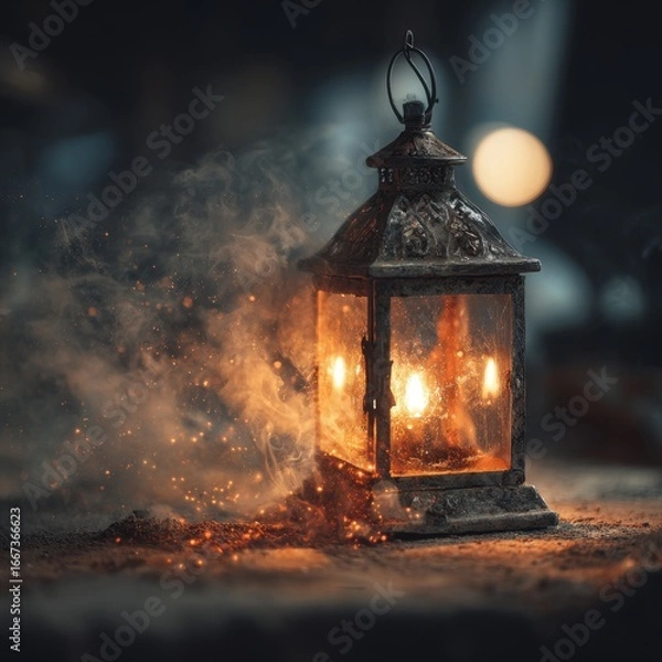 Fototapeta Rustic Lantern with Burning Flame and Sparks in Dark Atmosphere – Vintage Light Background