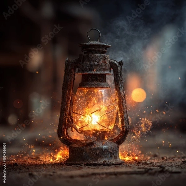 Fototapeta Rustic Lantern with Burning Flame and Sparks in Dark Atmosphere – Vintage Light Background