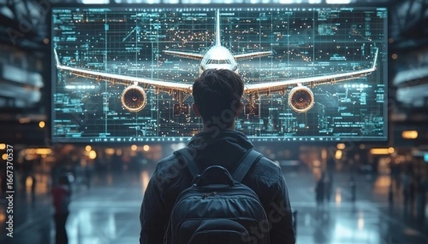 Fototapeta Back view of man with backpack looking at the plane on screen. Great for technology, aviation, or even a modern travel concepts.
