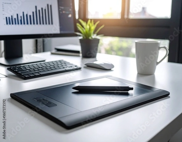 Fototapeta Modern workspace with computer, tablet and coffee
