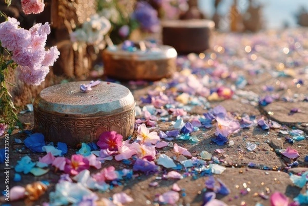 Obraz Colorful Flower Petals on Ground with Decorative Bowls Surrounded by Nature at a Tranquil Outdoor Setting in Soft Evening Light