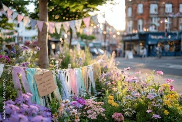Fototapeta Colorful Garden Setup with Flowers and Bunting in Urban Setting During Golden Hour, Showcasing Vibrant Nature and Festive Ambiance in a City