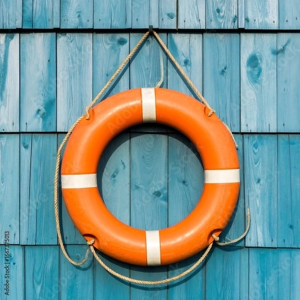 Fototapeta Orange life buoy on blue wooden wall