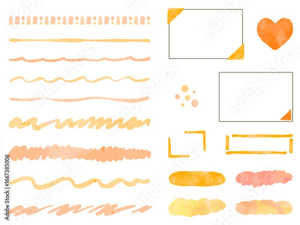 Obraz 秋にぴったりなオレンジ色の水彩テクスチャやライン、罫線、フレームのイラスト素材セット