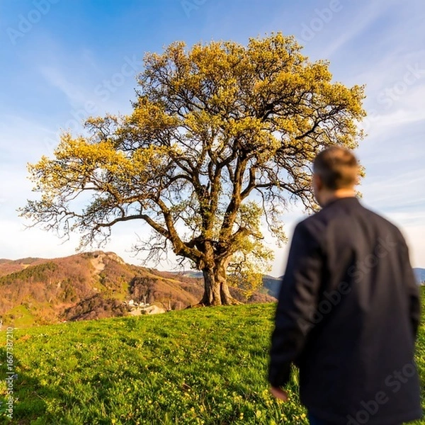 Fototapeta Man admires large tree in meadow