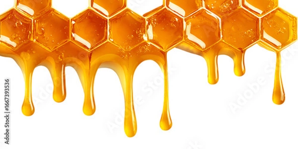 Obraz Honeycomb with Dripping Golden Honey on Transparent Background, PNG