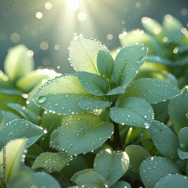 Obraz Lush Green Foliage with Water Droplets and Sunlight