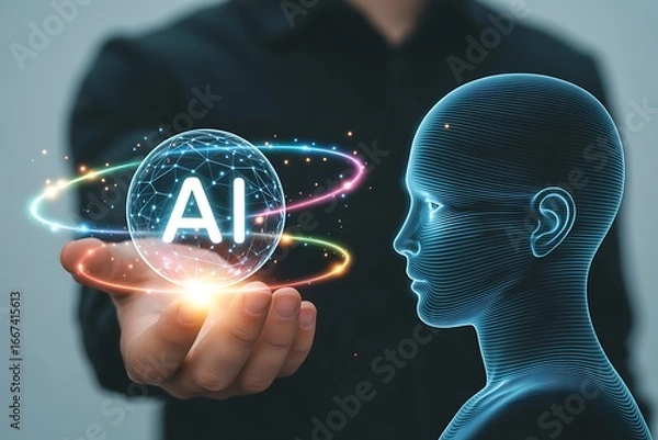 Fototapeta Futuristic ai concept with glowing brain symbol and human head in a technological display
