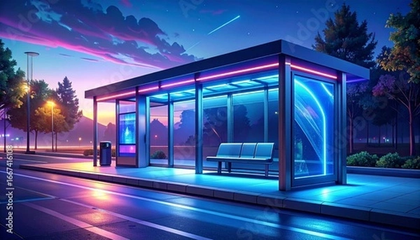 Fototapeta Modern bus stops with benches and digital screens create a calming, high-tech urban atmosphere. This digital design concept depicts the future of innovative public transportation