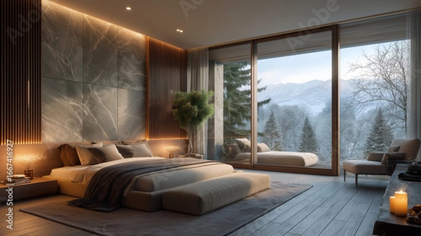 Fototapeta Serene Bedroom with Scenic View: A luxurious bedroom sanctuary featuring a king-sized bed, plush furnishings, and expansive windows framing a breathtaking, snowy landscape.