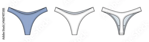 Fototapeta Mid-Rise Thong Underwear Technical Fashion sketch. Women’s Lingerie Vector Template. Front and Back View. Minimal Coverage. Comfortable Fit. Blue and White Color. CAD Mockup Set.