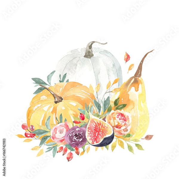 Fototapeta Pumpkin Autumn Clipart, watercolor orange pumpkins, fall leaves, seasonal flowers, rustic cozy elements, digital PNG elements for scrapbooking, planners, and social media design