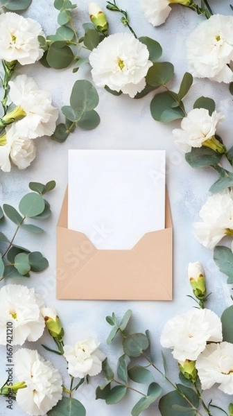 Fototapeta Elegant White Carnations and Eucalyptus with Blank Notecard and Envelope