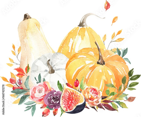 Obraz Pumpkin Autumn Clipart, watercolor orange pumpkins, fall leaves, seasonal flowers, rustic cozy elements, digital PNG elements for scrapbooking, planners, and social media design