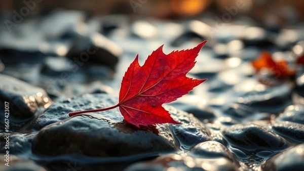 Obraz Autumn Red Maple Leaf on a Rocks