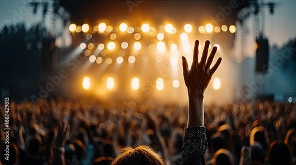 Fototapeta Goosebumps from live music experience concept. A crowd at a concert with hands raised in excitement and joy.