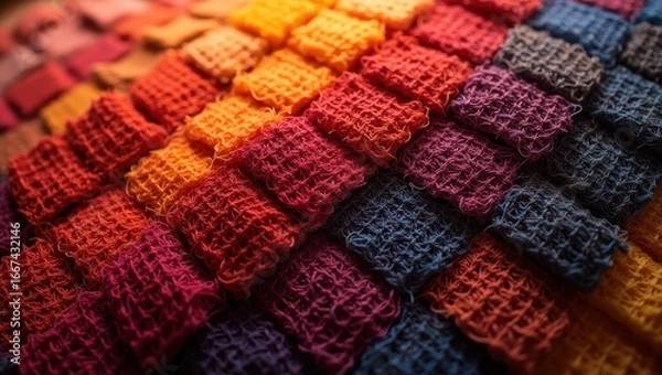 Fototapeta A colorful array of textured textile samples, showcasing a spectrum of vibrant hues and intricate patterns.