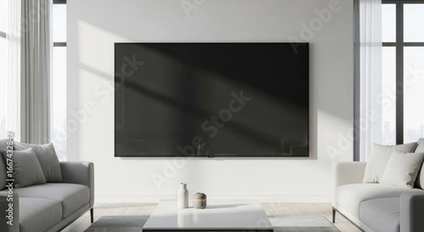 Fototapeta Serene Monochromatic Living Room with a Large Wall-Mounted TV and Soft Window Light