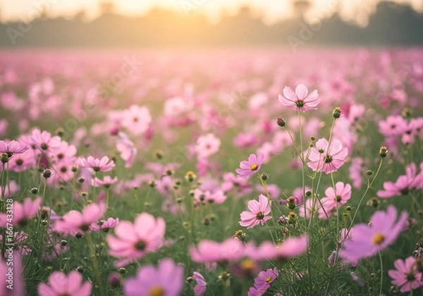 Fototapeta ピンクのコスモス畑の夕暮れ