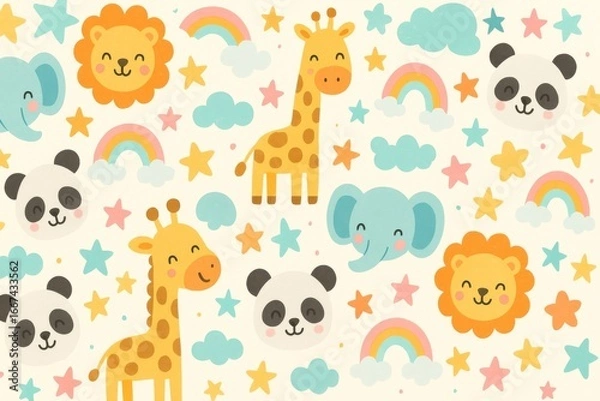Obraz A seamless cartoon animal pattern in pastel colors with stars, clouds, and rainbows, designed for children’s products, wallpaper, and educational graphics. Generative AI
