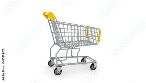 Obraz A metallic shopping cart with yellow handles is presented against a white background.