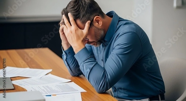 Fototapeta Man in blue shirt with hands on head sitting at desk with papers and laptop looking stressed out