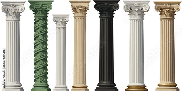 Fototapeta Ancient Greek and Roman Columns, Classical Architectural Pillars, Corinthian and Ionic Styles, Historic Stone Columns, Architectural Heritage Design Elements