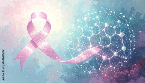 Obraz Pink ribbon symbol of breast cancer awareness with a molecular structure background.