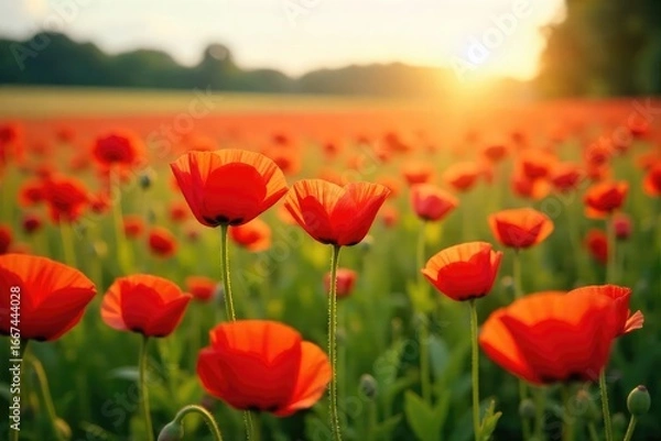 Fototapeta A vibrant field of red poppies swaying gently in the breeze, bathed in the warm glow of the summer sun Perfect for nature, summer, and English countryside themes , sun, texture, plant