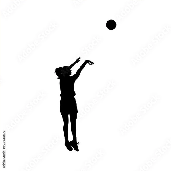Fototapeta Black silhouette of a female basketball player jumping and shooting the ball in midair. Ideal for sports graphics, posters, vector illustrations, and basketball-themed designs.