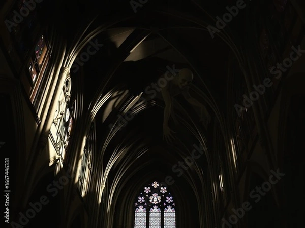 Fototapeta Gothic Cathedral Interior at Dusk - Narrow Aisle and High Arched Vaults