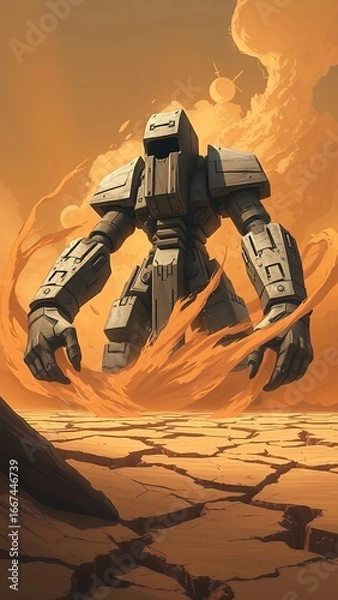 Fototapeta Futuristic Robot Amidst Apocalyptic Environment - Microstock Title