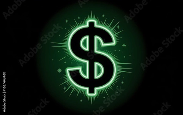 Obraz An illustrative green neon dollar sign symbol glows brightly on a dark background, a vibrant icon representing financial success, wealth, prosperity, and the energetic concept of money