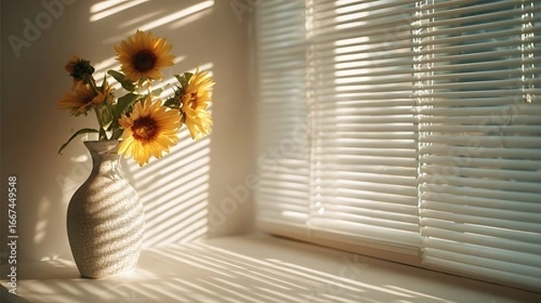 Fototapeta Sunflowers by a Window with Sunlight and Shadows from Blinds / ブラインド越しの光と影、窓辺のひまわり