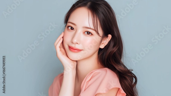 Fototapeta 顔に手を当てる若い女性のポートレート、パステルソフトブルー背景