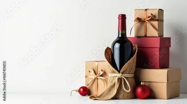 Fototapeta A festive arrangement featuring a wine bottle nestled in burlap, adorned with presents and ornaments, suggesting a celebratory gift