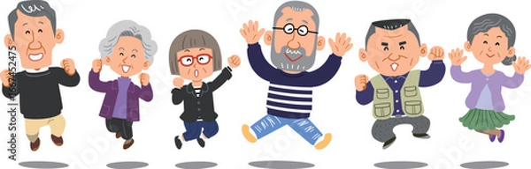 Obraz 横一列でジャンプするシニアの男女