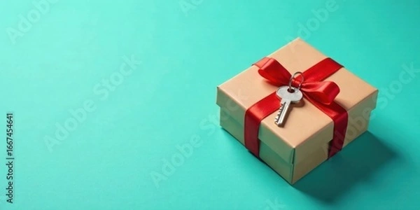 Fototapeta A Gift Box with a Key Tied to a Red Ribbon on a Teal Background