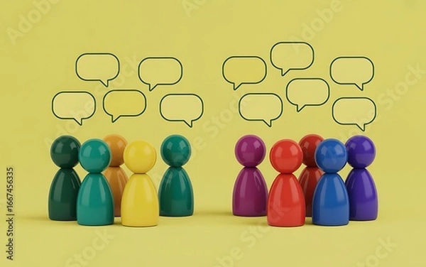 Obraz Two separate groups of colorful figures with speech bubbles representing different opinions, debates, or team discussions. Concept of social division and corporate brainstorming sessions