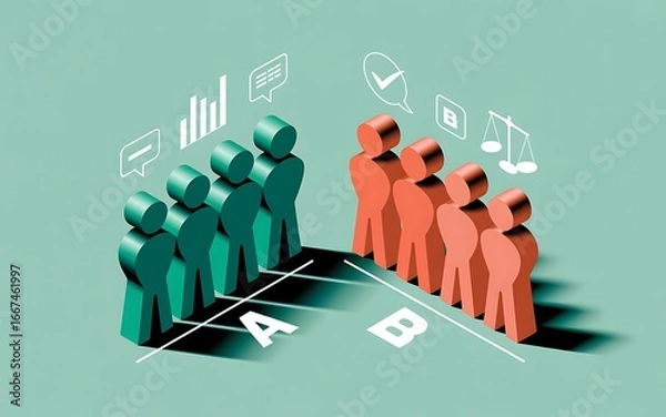Obraz Conceptual illustration of two opposing teams, A and B, engaged in a critical debate with differing opinions, data analysis, and legal arguments for a strategic business decision