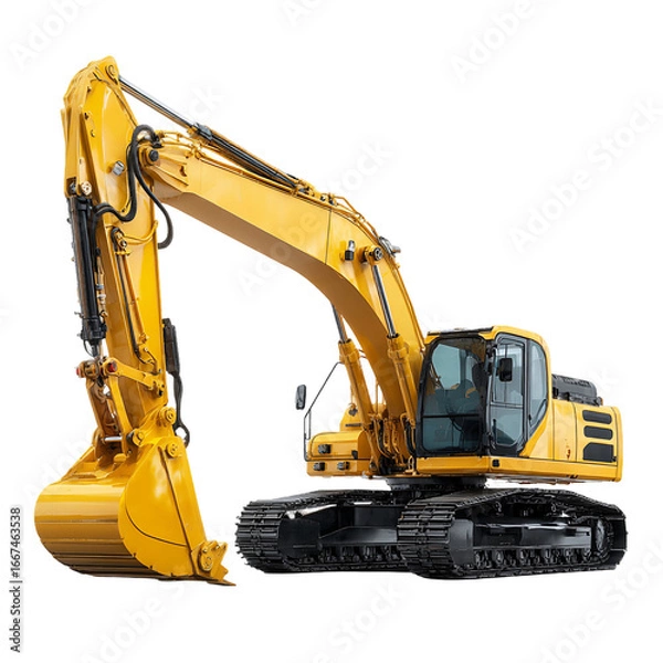 Obraz Yellow Excavator With Black Tracks Isolated On Transparent Background, PNG