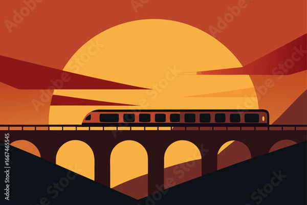 Obraz Train Crossing Bridge at Dramatic Golden Hour
