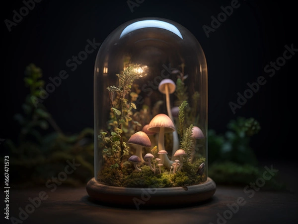 Fototapeta Bioluminescent garden glows inside bell jar—soft light, magical plants, and dreamy ambiance.