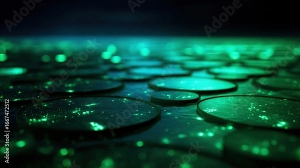 Obraz High-Tech Depiction of Microalgae Cultivation Systems with Vibrant Green Bioluminescence