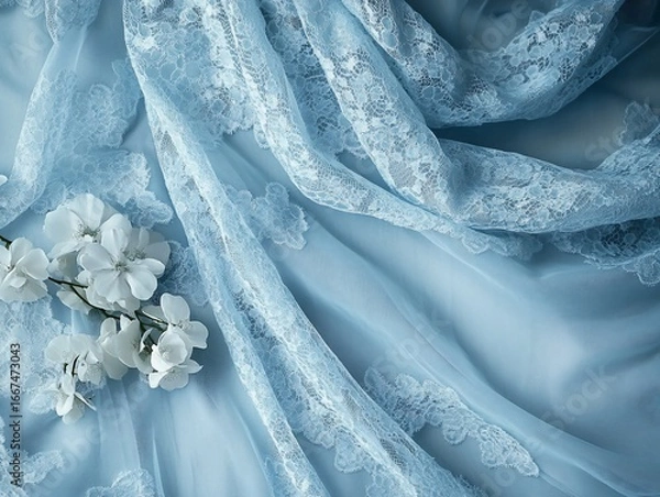 Obraz Delicate blue lace fabric with white flowers, elegant texture background