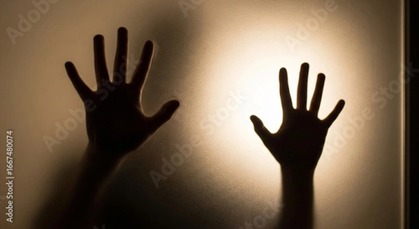 Fototapeta Eerie hands press against frosted glass, creating suspenseful and mysterious feeling with dramatic shadows