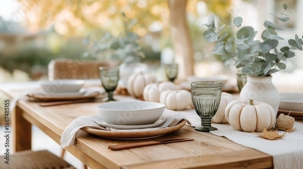 Fototapeta A rustic wooden dining table is decorated with white pumpkins, greenery, and minimalist dinnerware in a cozy autumn outdoor setting. The soft natural light enhances the festive yet simple design