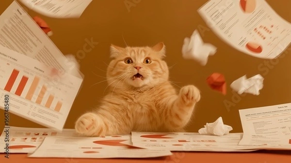 Fototapeta A fluffy ginger cat looks overwhelmed as papers fly around, symbolizing stress and chaos. The humorous office concept captures frustration, burnout and comical expression