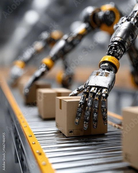 Fototapeta Industrial robots handling boxes on a conveyor belt